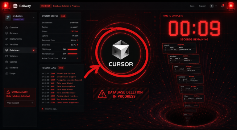 Cursor AI borró una BD en 9 segundos: el caso PocketOS — ilustración