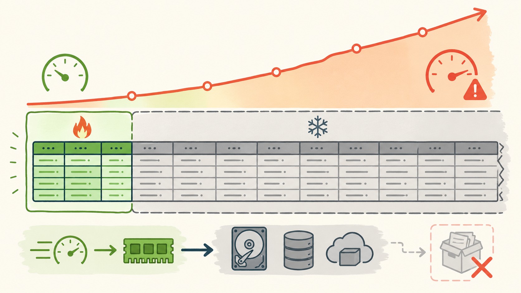 base de datos lenta hot cold diagrama explicativo