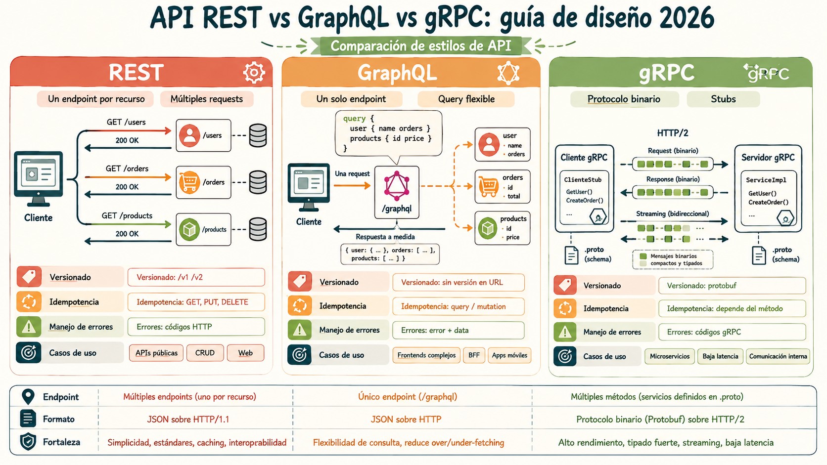 API REST vs GraphQL vs gRPC diagrama explicativo