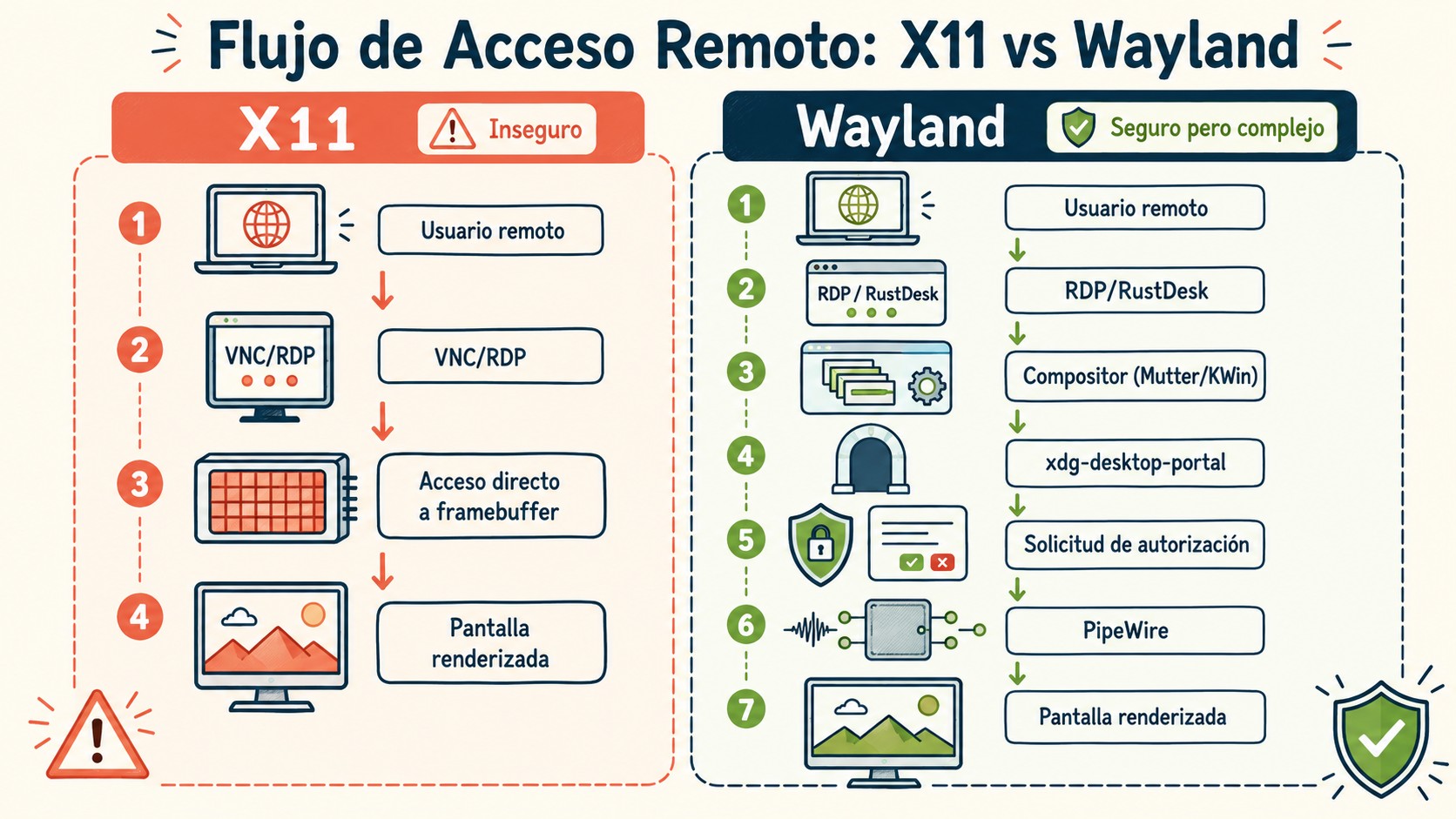 acceso remoto wayland linux diagrama explicativo
