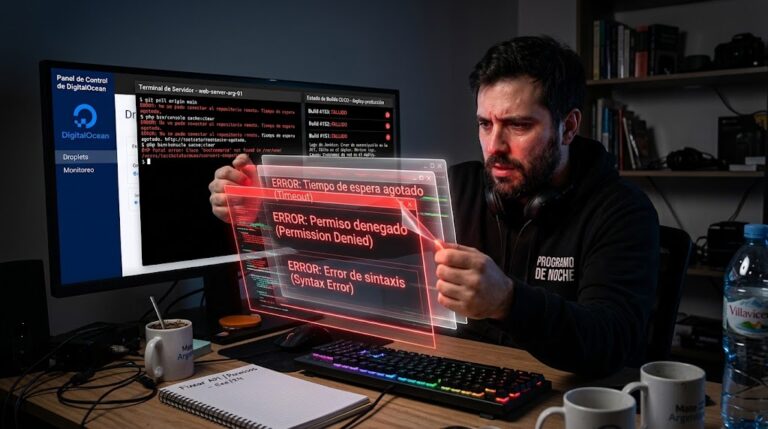 Cómo debuggear un pipeline CI/CD con 10 fallas apiladas — ilustración